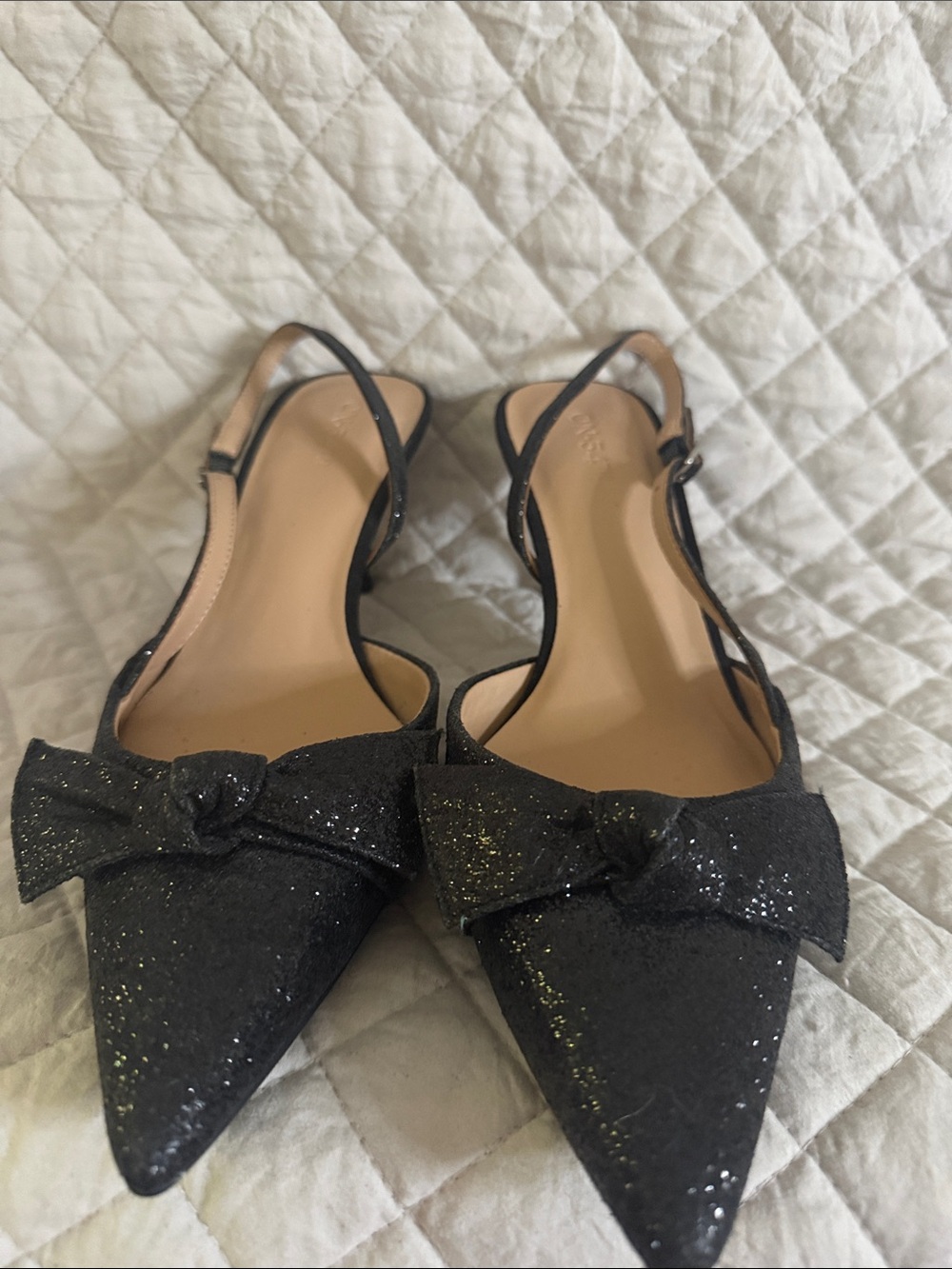 Black Glitter Pointed Toe Slingback Flats with Bow